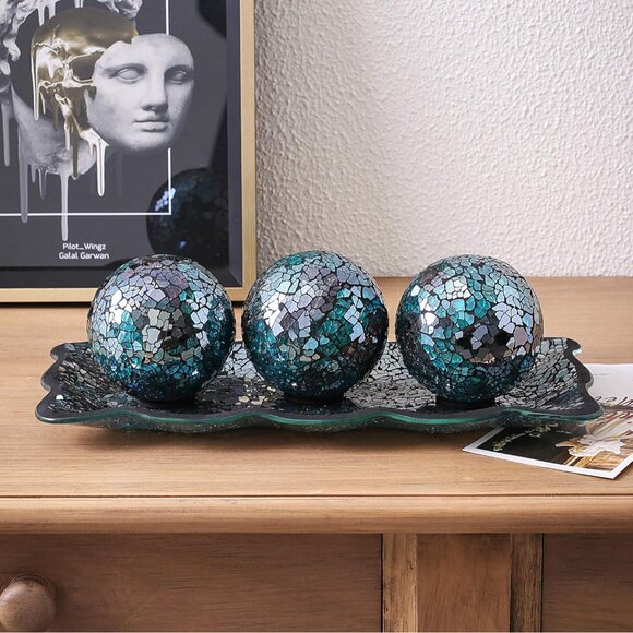 New 12.4" Mosaic Glass Decorative Tray with 3 Decorative Orbs, Living Room Decor - Picture 8 of 12